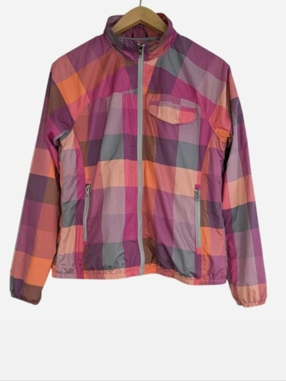 The North Face Patchwork Plaid Windbreaker Full Zip Jacket Pink Medium